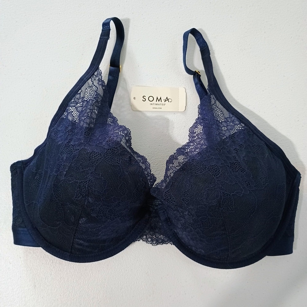 Soma Lightest Lift Lace Plunge Bra 34DD Nightfall Navy Underwire